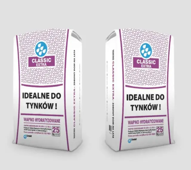 Dwie torby wapna budowlanego Classic Extra, idealnego do tynków. Produkt wapno hydratyzowane.