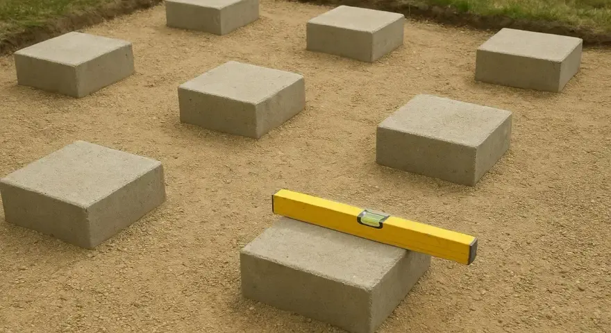 Układanie betonowych bloków pod przyszły taras. Poziomica na jednym z nich zapewnia równość.