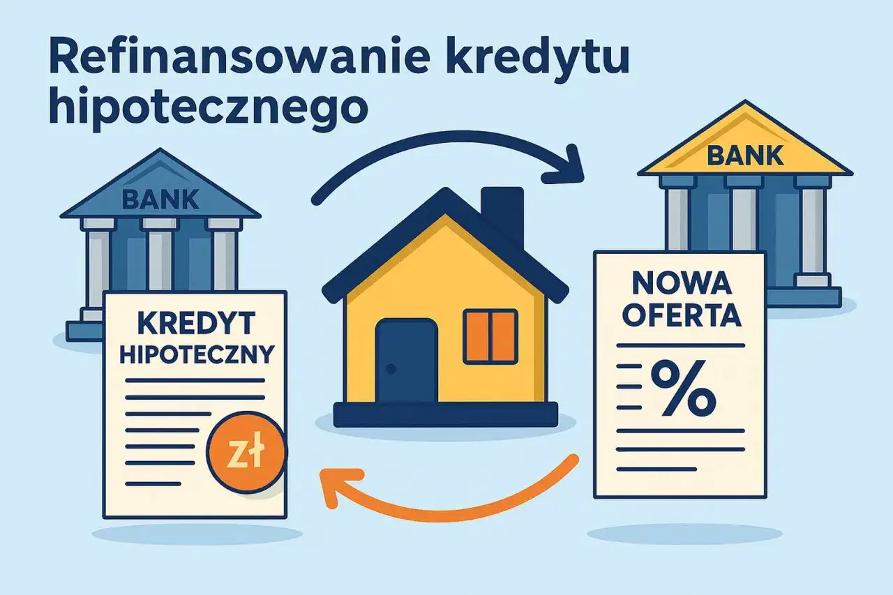 Ilustracja pokazuje przeniesienie kredytu hipotecznego. Stary kredyt z jednego banku jest zamieniany na nową ofertę z innego banku, co symbolizuje dom.