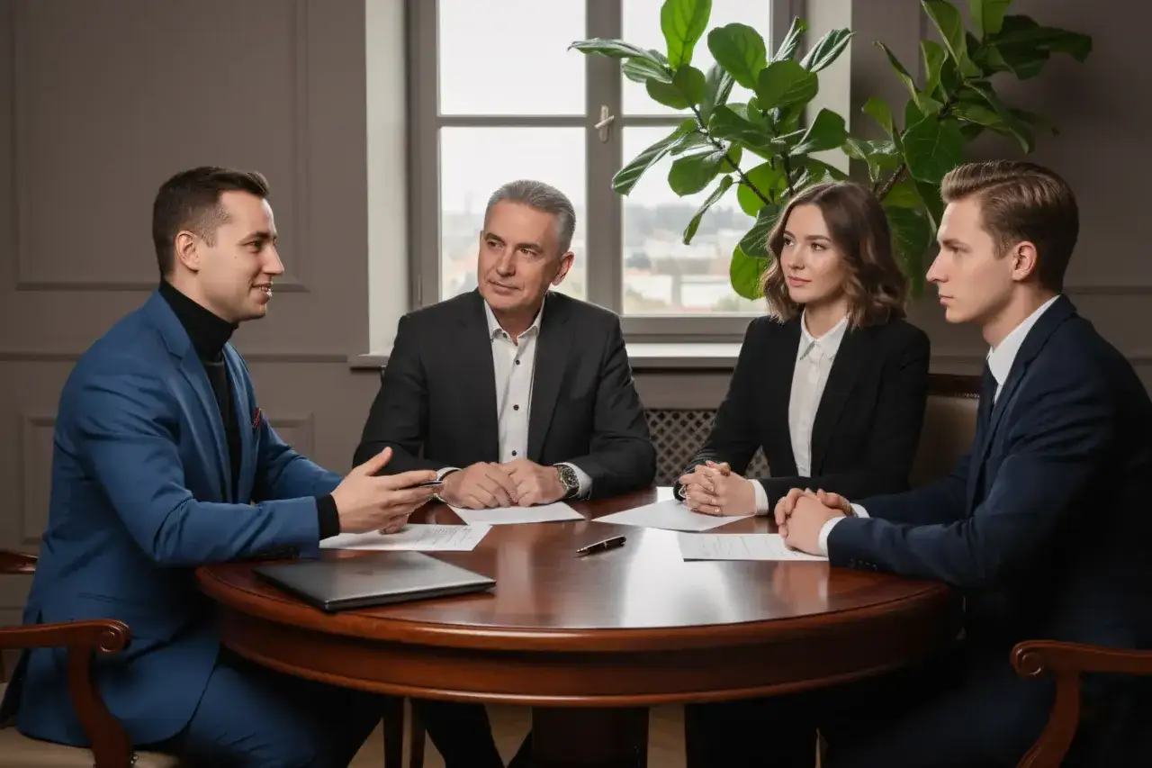 Biznesmeni przy okrągłym stole omawiają strategię. Młodszy z nich, w niebieskiej marynarce, gestykuluje, prezentując swoje pomysły. Zstępny sukces jest w zasięgu ręki.