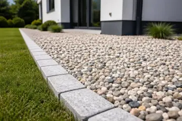 Kamienna opaska wokół domu oddziela trawnik od żwirowej ścieżki, tworząc schludny wygląd.