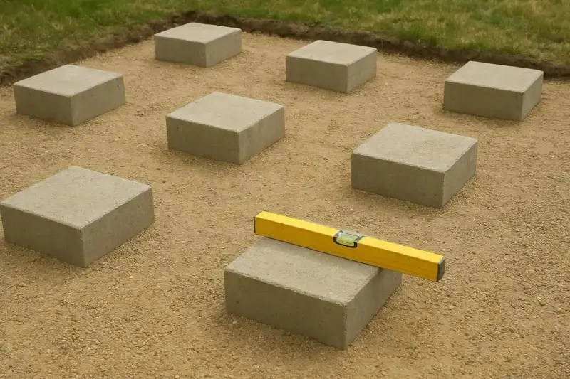 Układanie betonowych bloków pod przyszły taras. Poziomica na jednym z nich zapewnia równość.