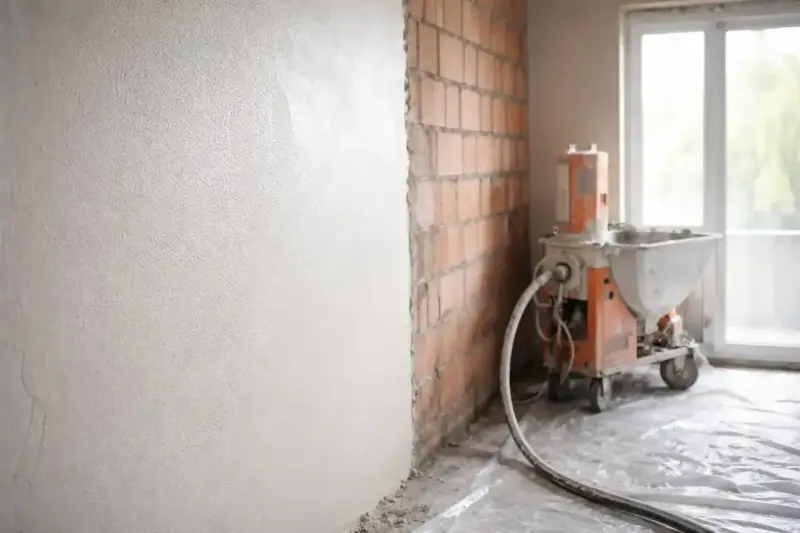 Maszyna do tynkowania nakłada tynki cementowo wapienne na ścianę z cegły.